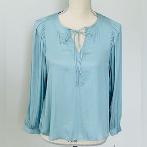 NWT Loft Ann Taylor Blue Green Balloon Sleeve Tie Front Tunic Top Blouse